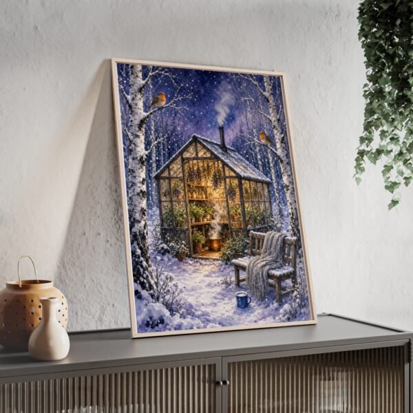 Winter Greenhouse Poster with Wooden Frame — Cozy Snowy Glasshouse Wall Art - Image 2
