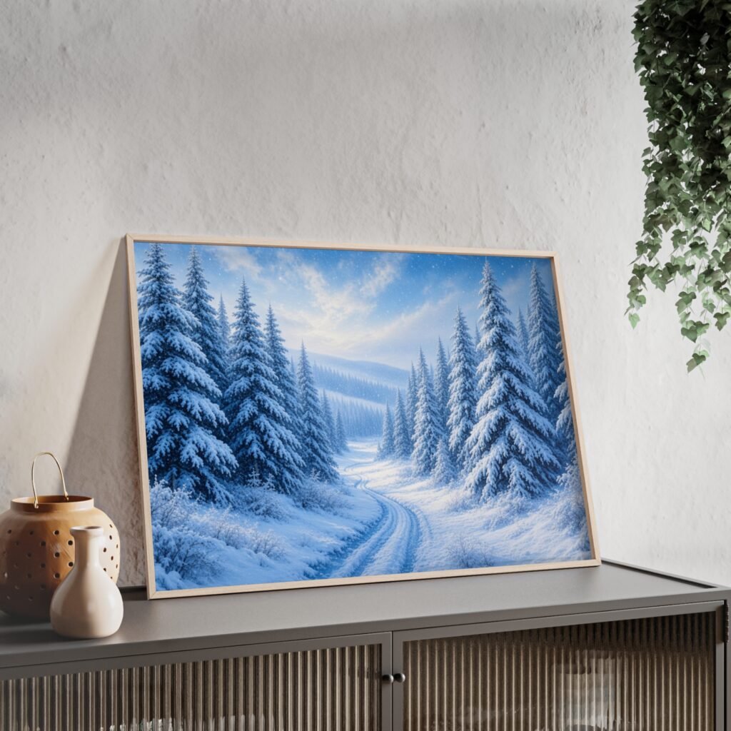 Framed Winter Forest Poster — Snowy Pine Landscape Wall Art