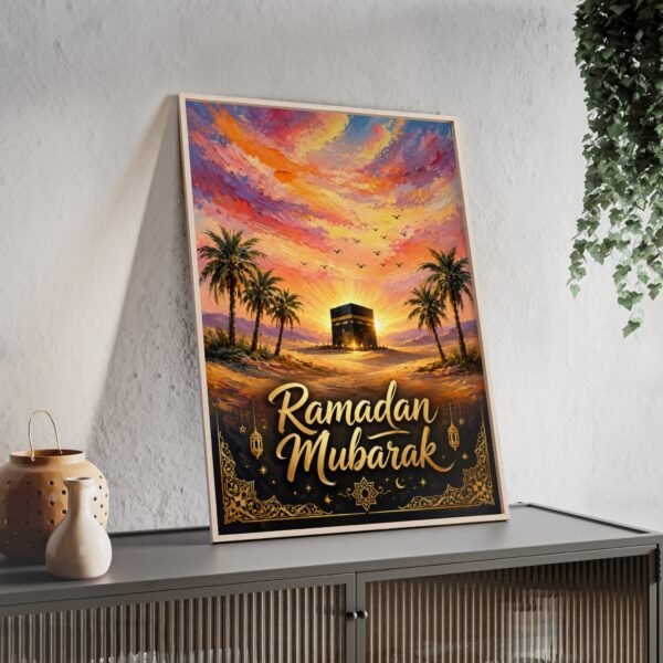 Ramadan Mubarak Framed Poster – Islamic Kaaba Sunset Wall Art - Image 2