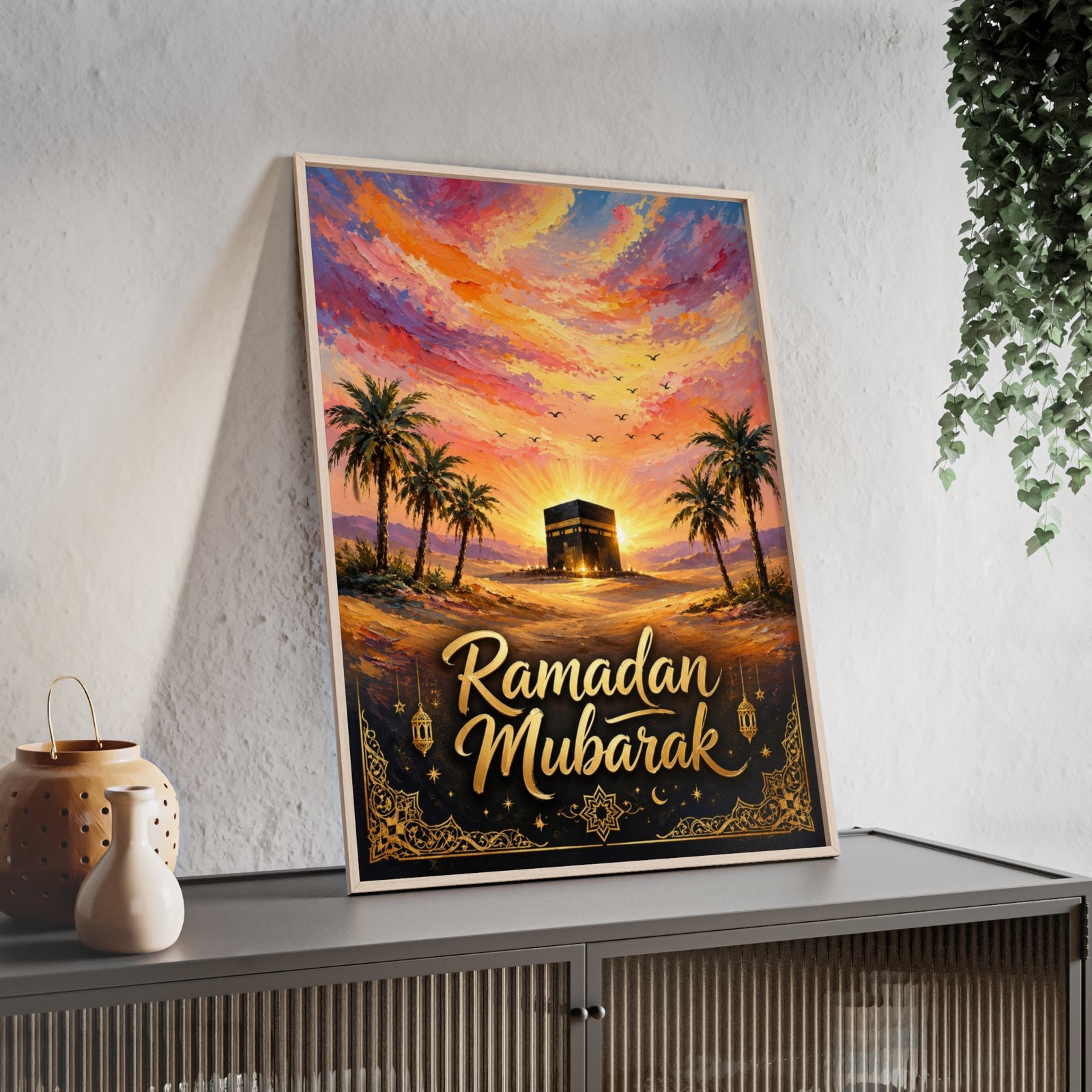Ramadan Mubarak Framed Poster – Islamic Kaaba Sunset Wall Art - Image 2