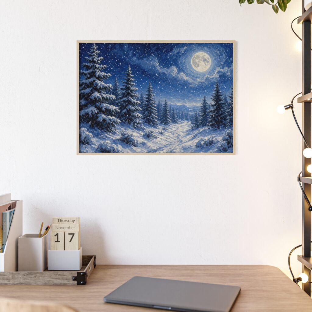 Winter Moonlit Forest Poster with Wooden Frame