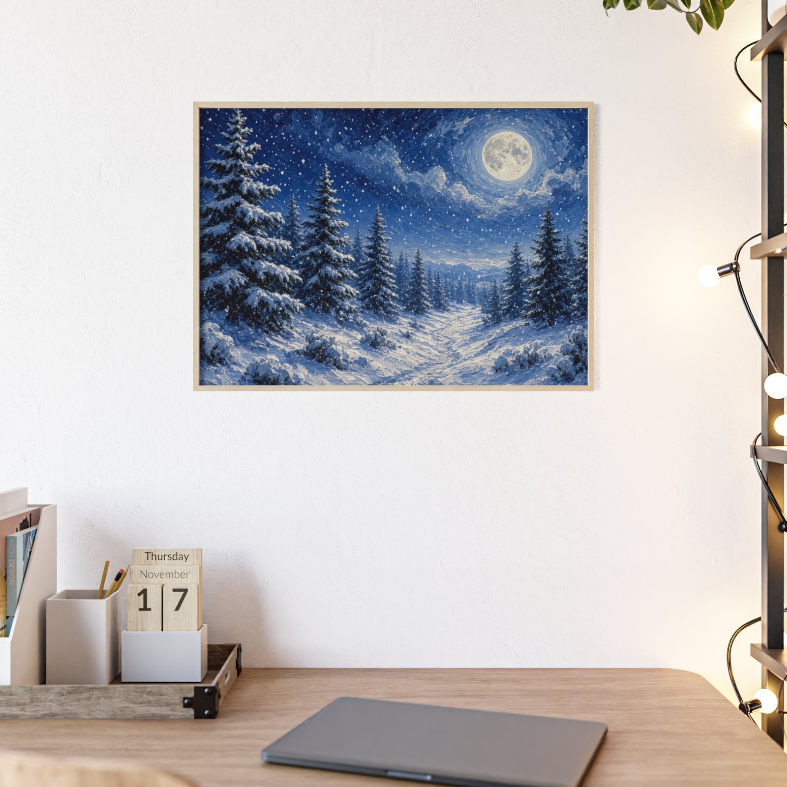 Winter Moonlit Forest Poster with Wooden Frame - Image 1
