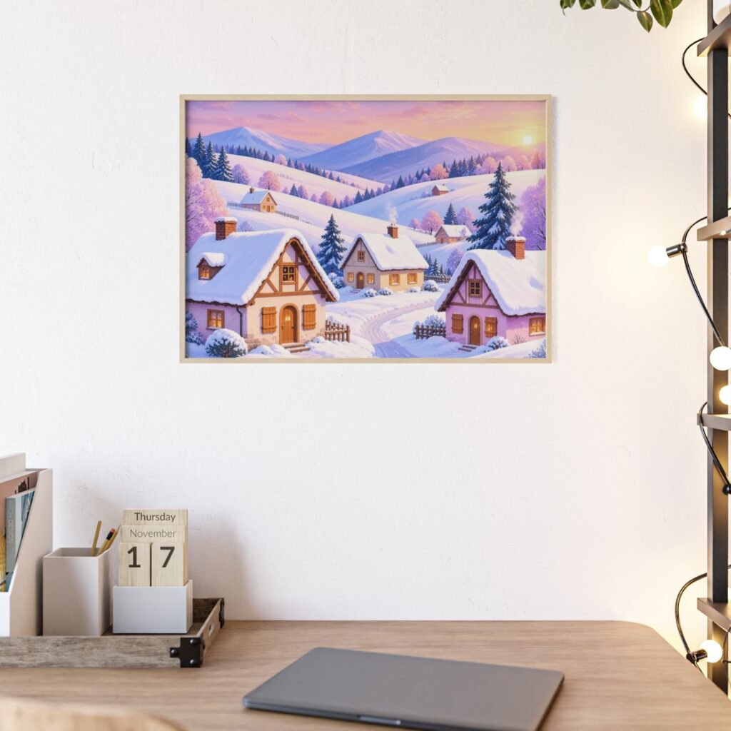 Winter Village Framed Poster — Snowy Cottage Landscape Wall Art