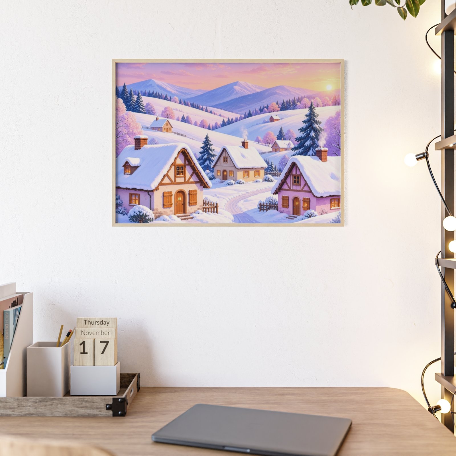Winter Village Framed Poster — Snowy Cottage Landscape Wall Art - Image 1