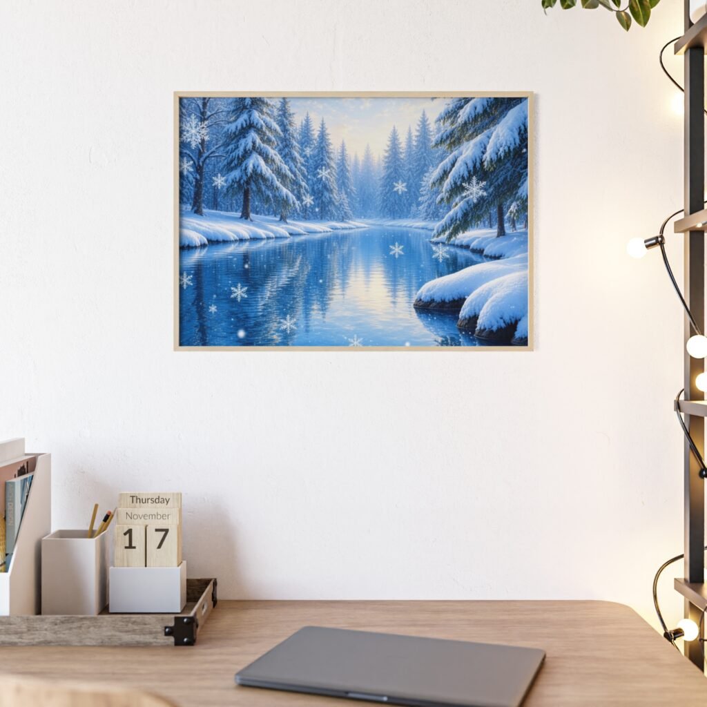Framed Winter Forest Poster — Snowy Lake Scenic Wall Art