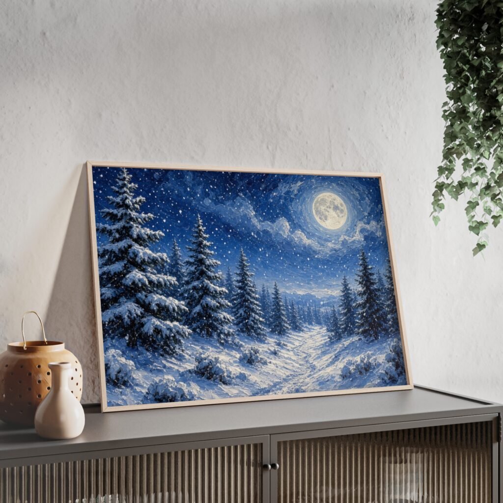 Winter Moonlit Forest Poster with Wooden Frame