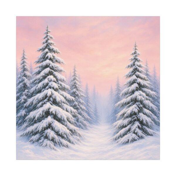 Winter Pine Forest Canvas Wall Art — Snowy Trees at Pink Sunset - Image 1