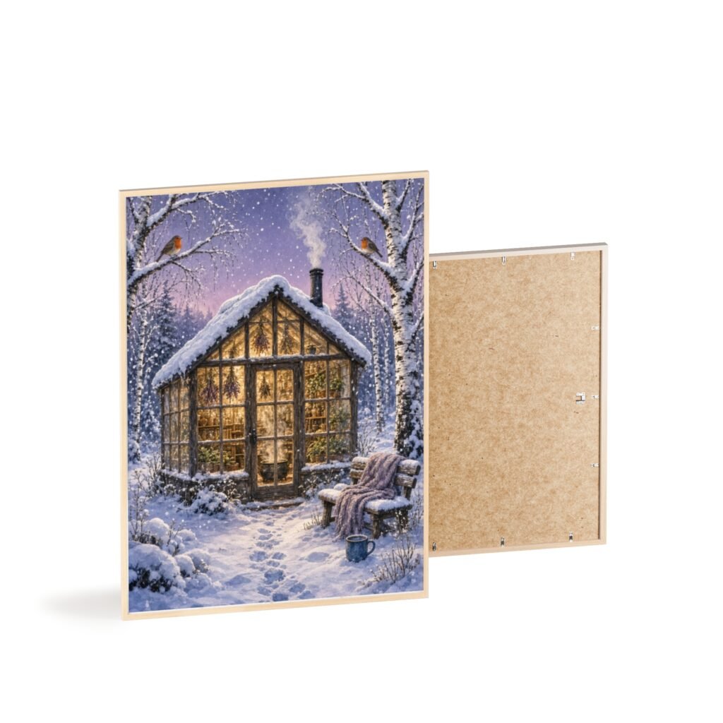 Winter Cottage Framed Poster — Cozy Snowy Greenhouse Wall Art