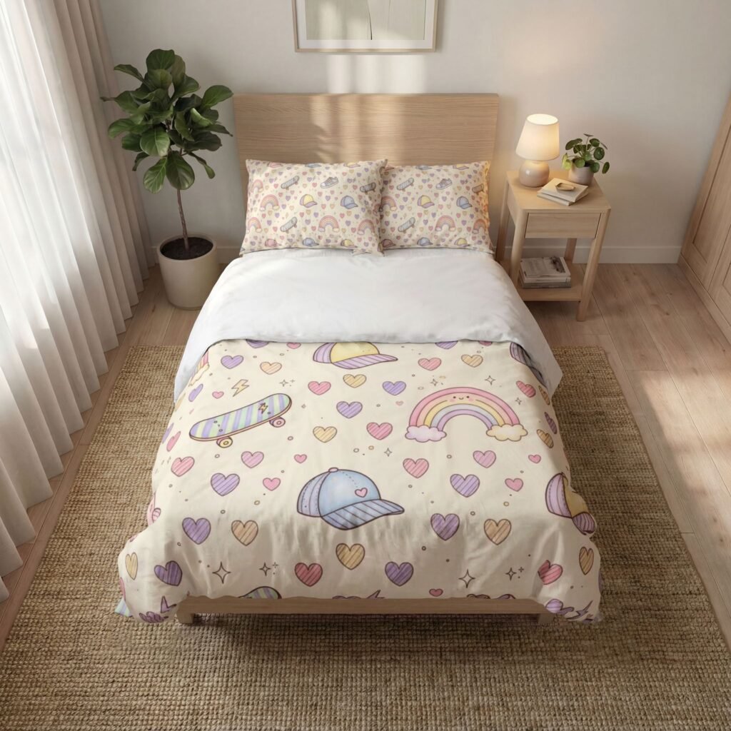 Kids Duvet Cover Set – Pastel Rainbows, Hearts & Caps Pattern (Set of 3)