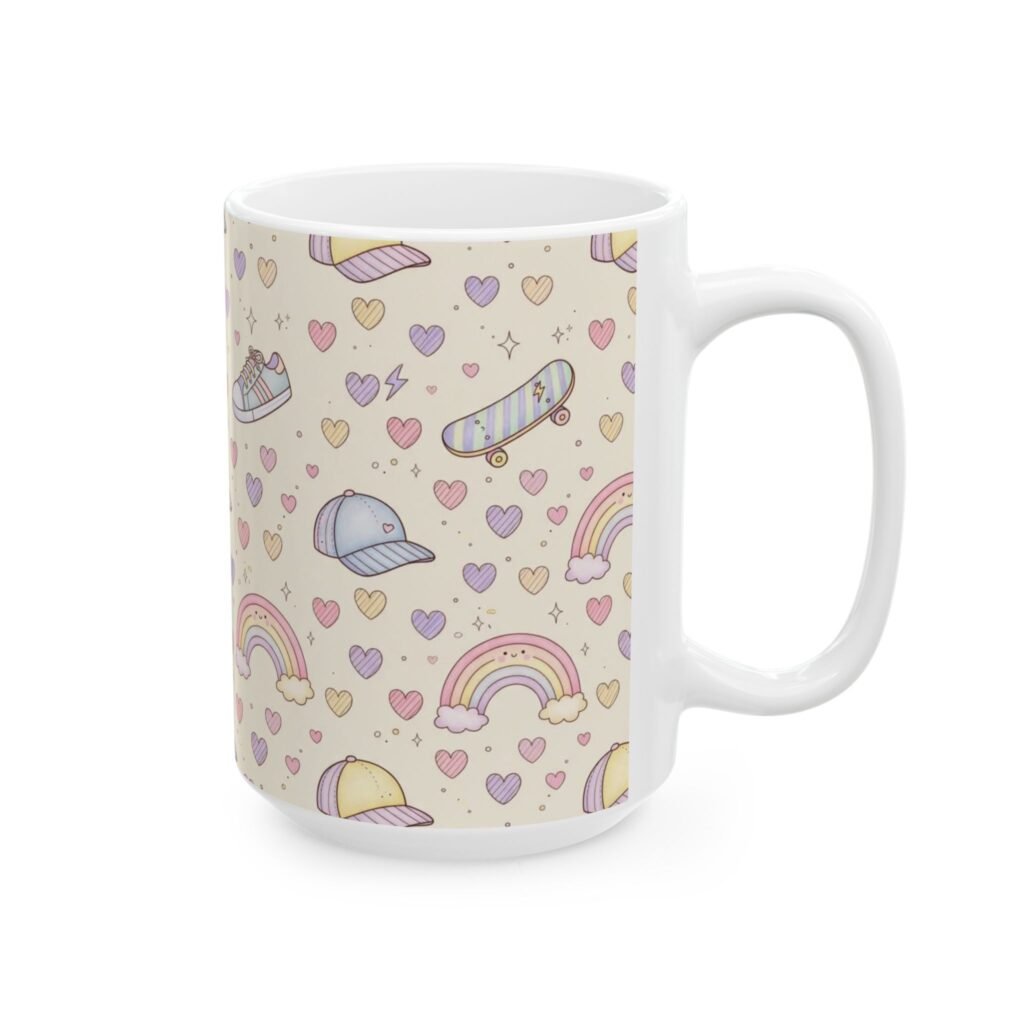 Cute Pastel Pattern Mug — Rainbow, Sneakers & Hearts Ceramic Coffee Cup (11oz/15oz)