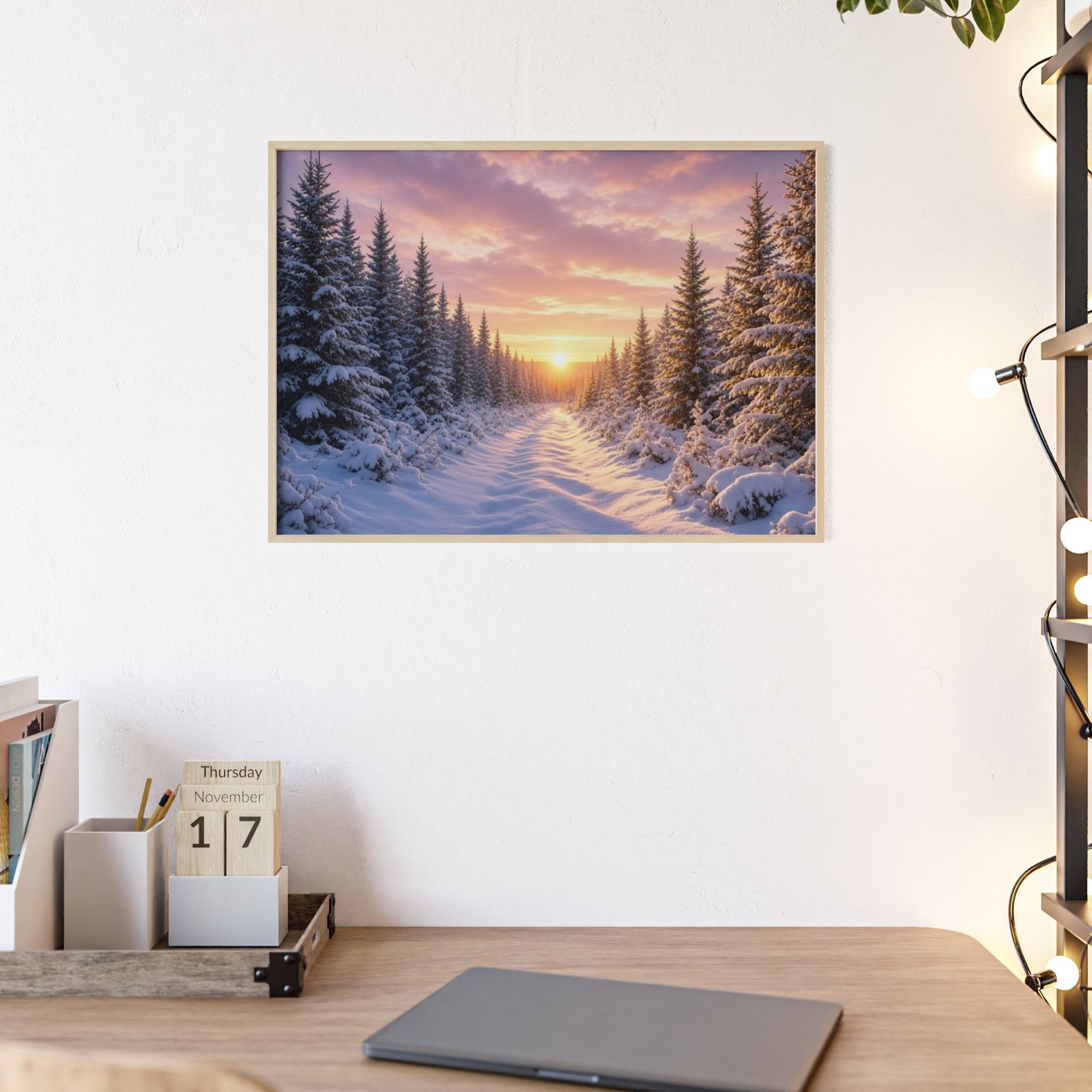 Sunrise Winter Forest Poster with Wooden Frame — Snowy Pine Landscape Wall Art - Image 1