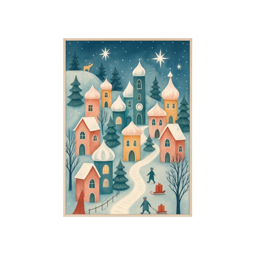 Winter Village Wooden Framed Poster — Cozy Snowy Town Wall Art