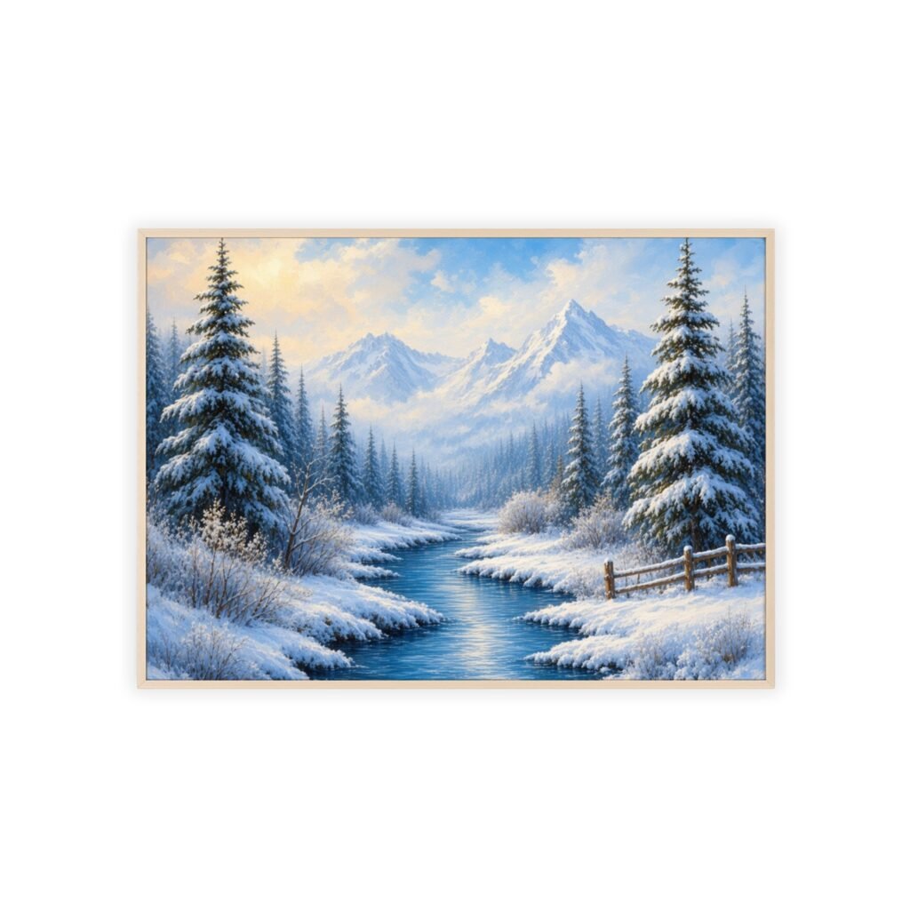 Framed Winter Landscape Poster — Snowy Mountain River Wall Art