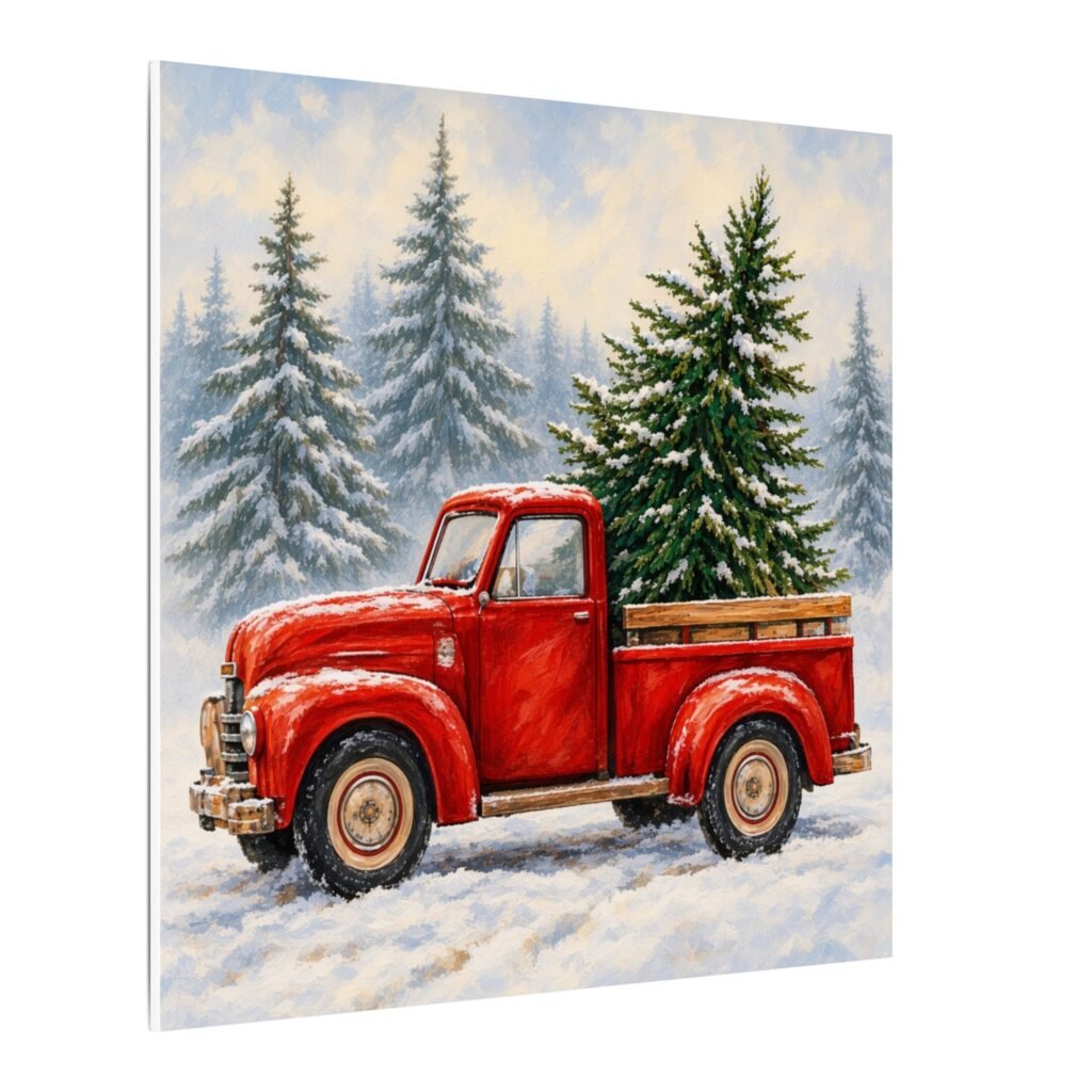 Christmas Red Truck Canvas Wall Art — Vintage Pickup with Pine Trees in Snow