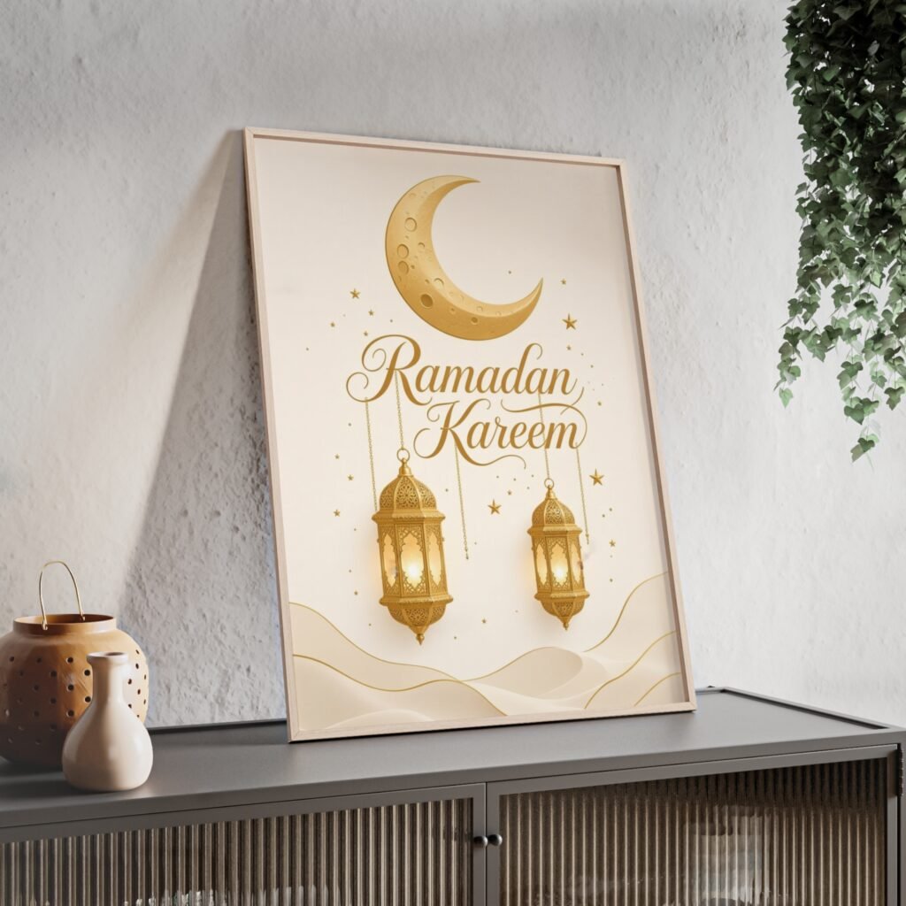 Ramadan Kareem Gold Lantern Poster — Framed Wooden Wall Art