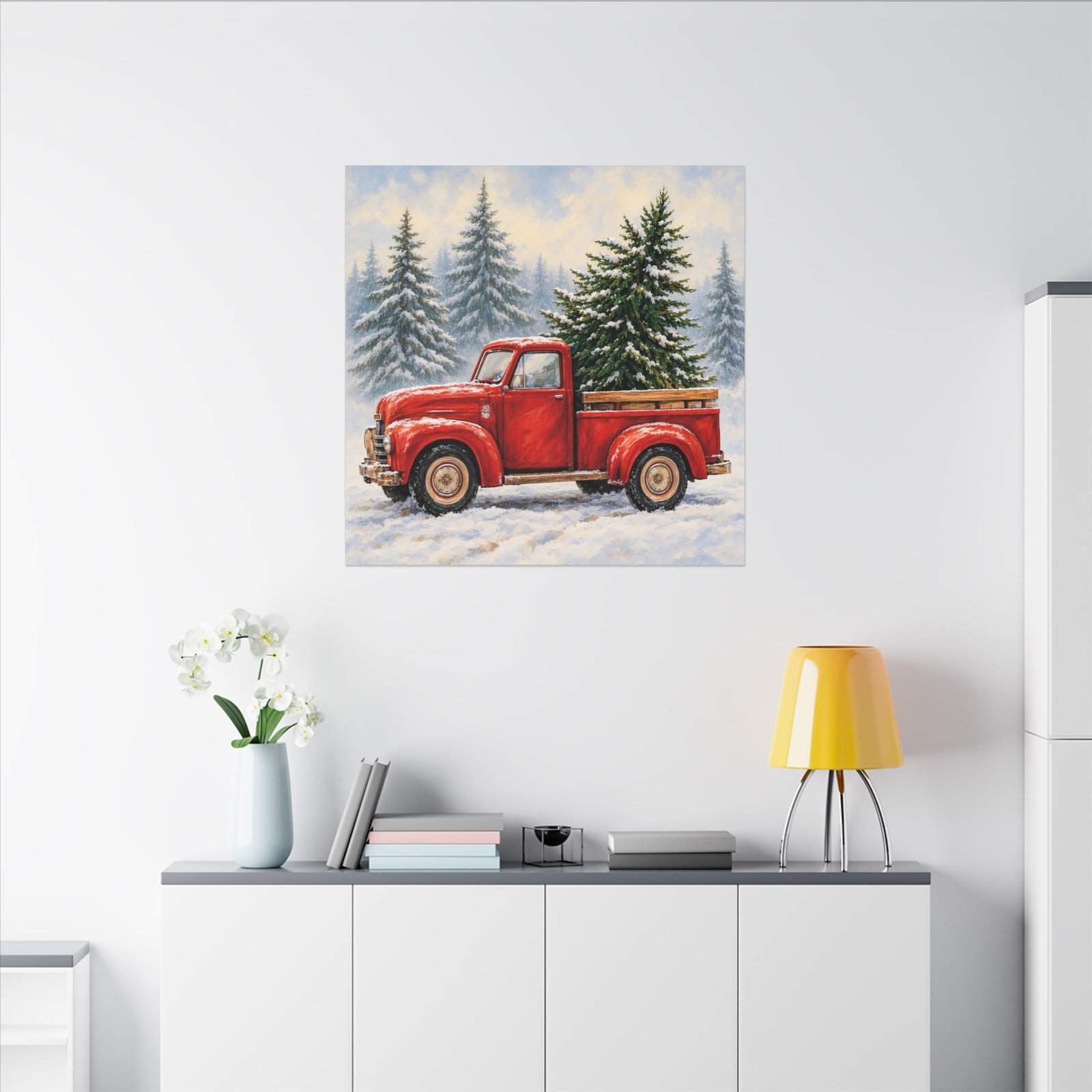 Christmas Red Truck Canvas Wall Art — Vintage Pickup with Pine Trees in Snow - Image 3