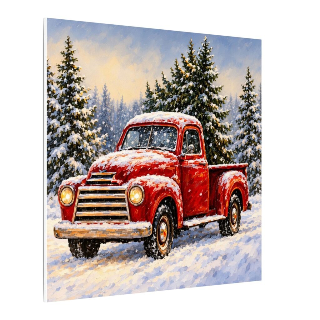 Vintage Red Truck Winter Canvas Wall Art