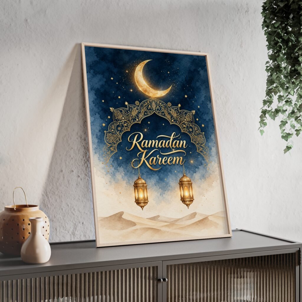 Ramadan Kareem Framed Poster — Islamic Crescent & Lantern Wall Art