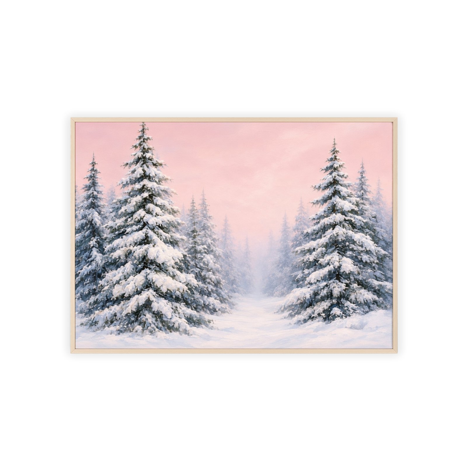 Framed Winter Pines Poster – Pink Snowy Forest Wall Art - Image 3