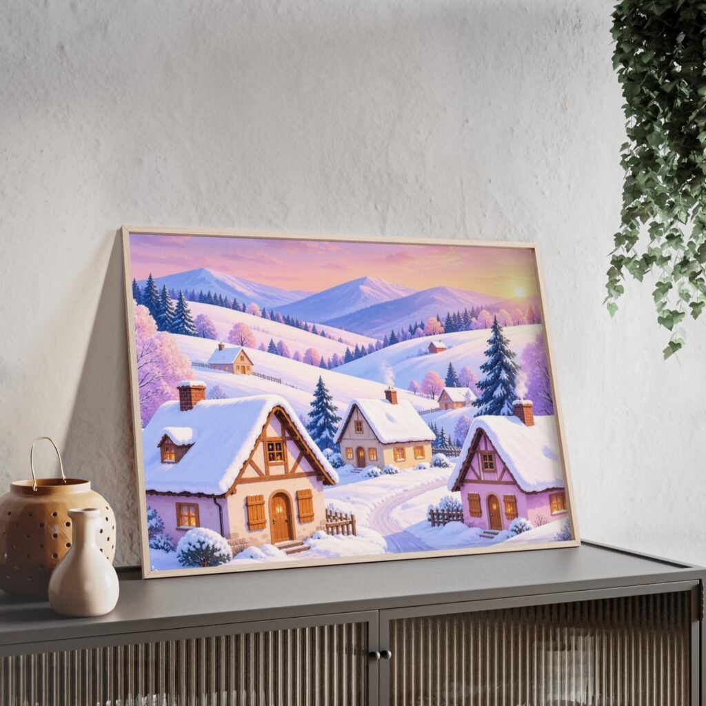 Winter Village Framed Poster — Snowy Cottage Landscape Wall Art