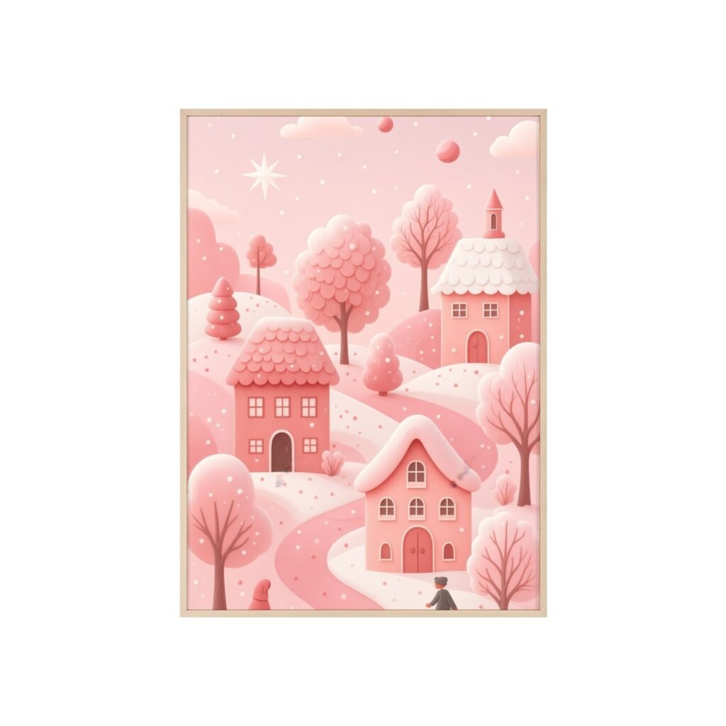 Pink Cottage Winter Village Poster with Wooden Frame — Whimsical Nursery Wall Art