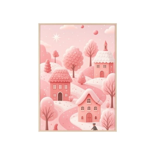 Pink Cottage Winter Village Poster with Wooden Frame — Whimsical Nursery Wall Art - Image 3