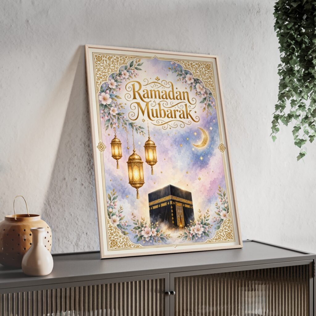Ramadan Mubarak Kaaba Poster with Wooden Frame — Islamic Decor