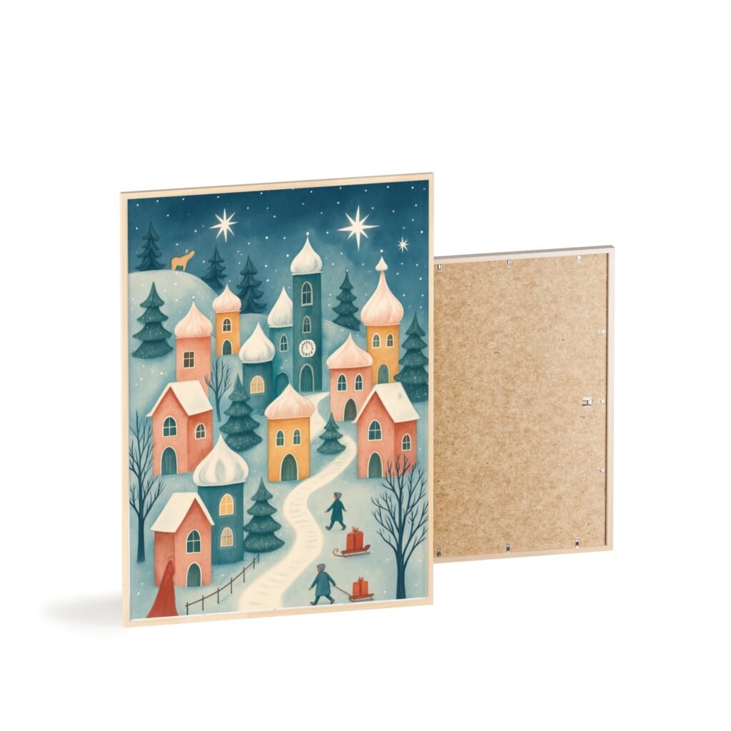 Winter Village Wooden Framed Poster — Cozy Snowy Town Wall Art