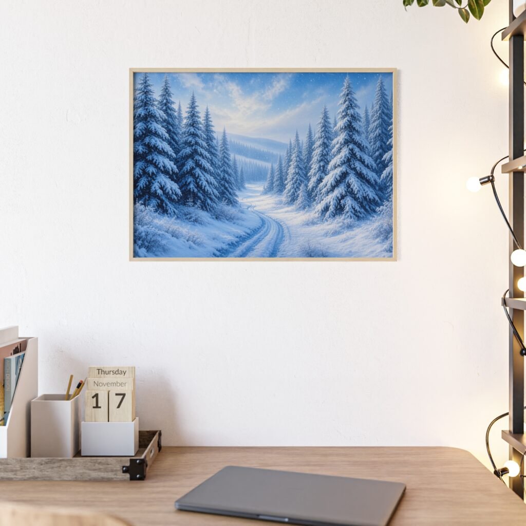 Framed Winter Forest Poster — Snowy Pine Landscape Wall Art
