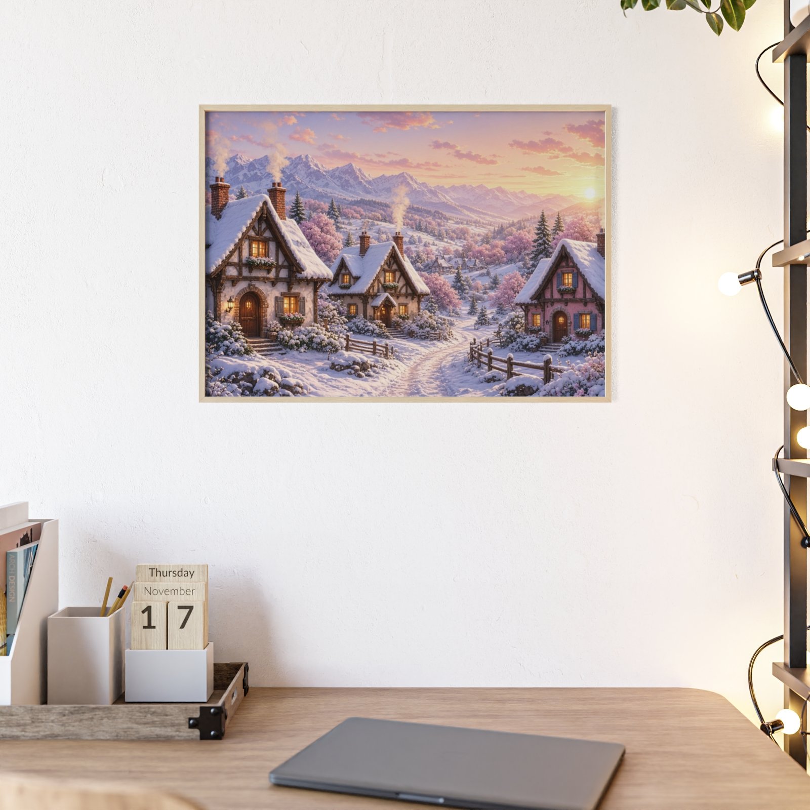 Framed Winter Village Poster — Cozy Snowy Cottage Wall Art - Image 1