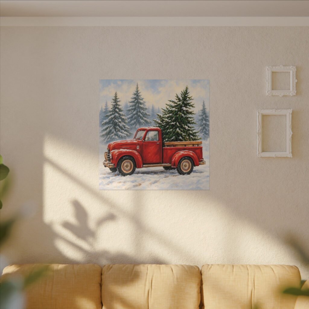 Christmas Red Truck Canvas Wall Art — Vintage Pickup with Pine Trees in Snow