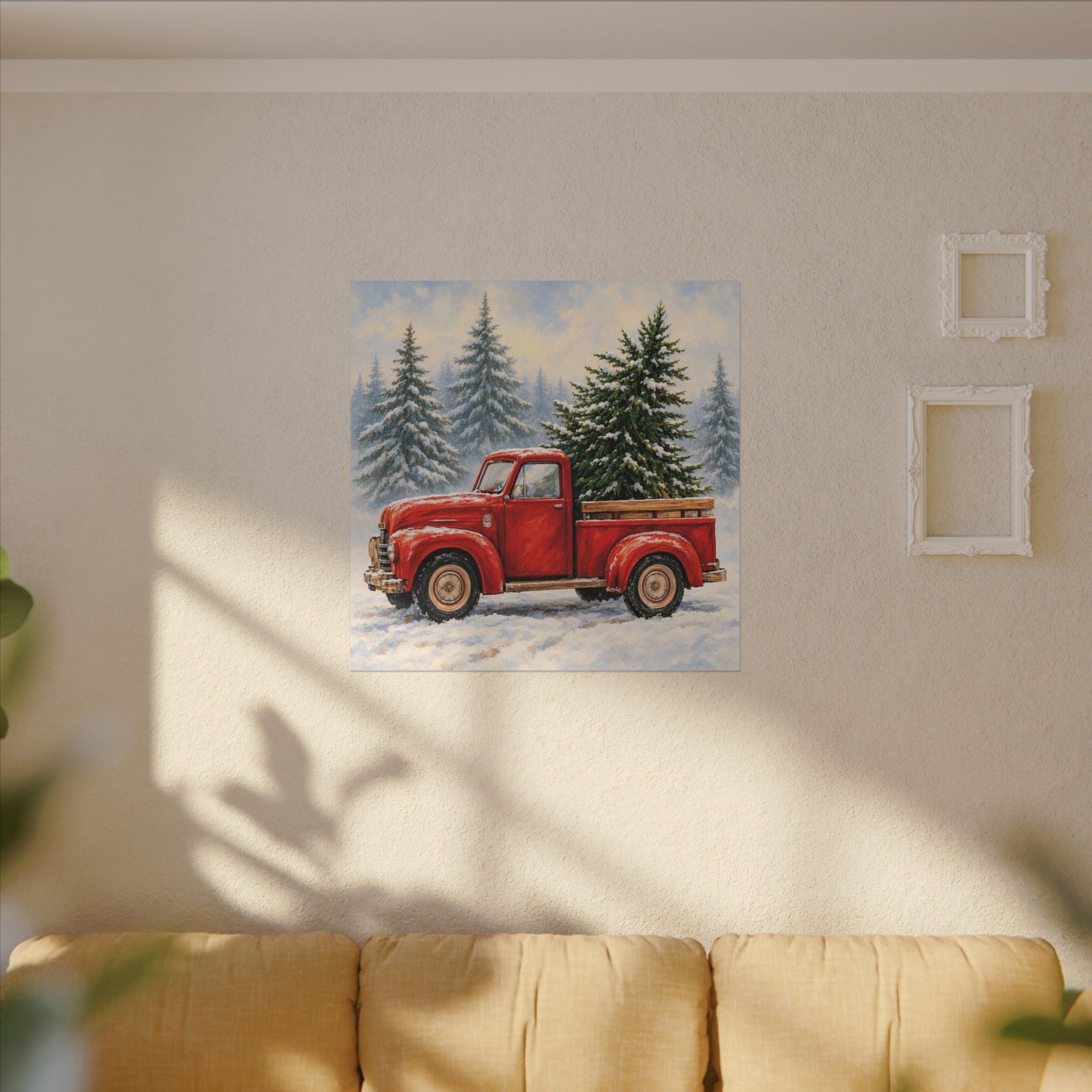 Christmas Red Truck Canvas Wall Art — Vintage Pickup with Pine Trees in Snow - Image 2