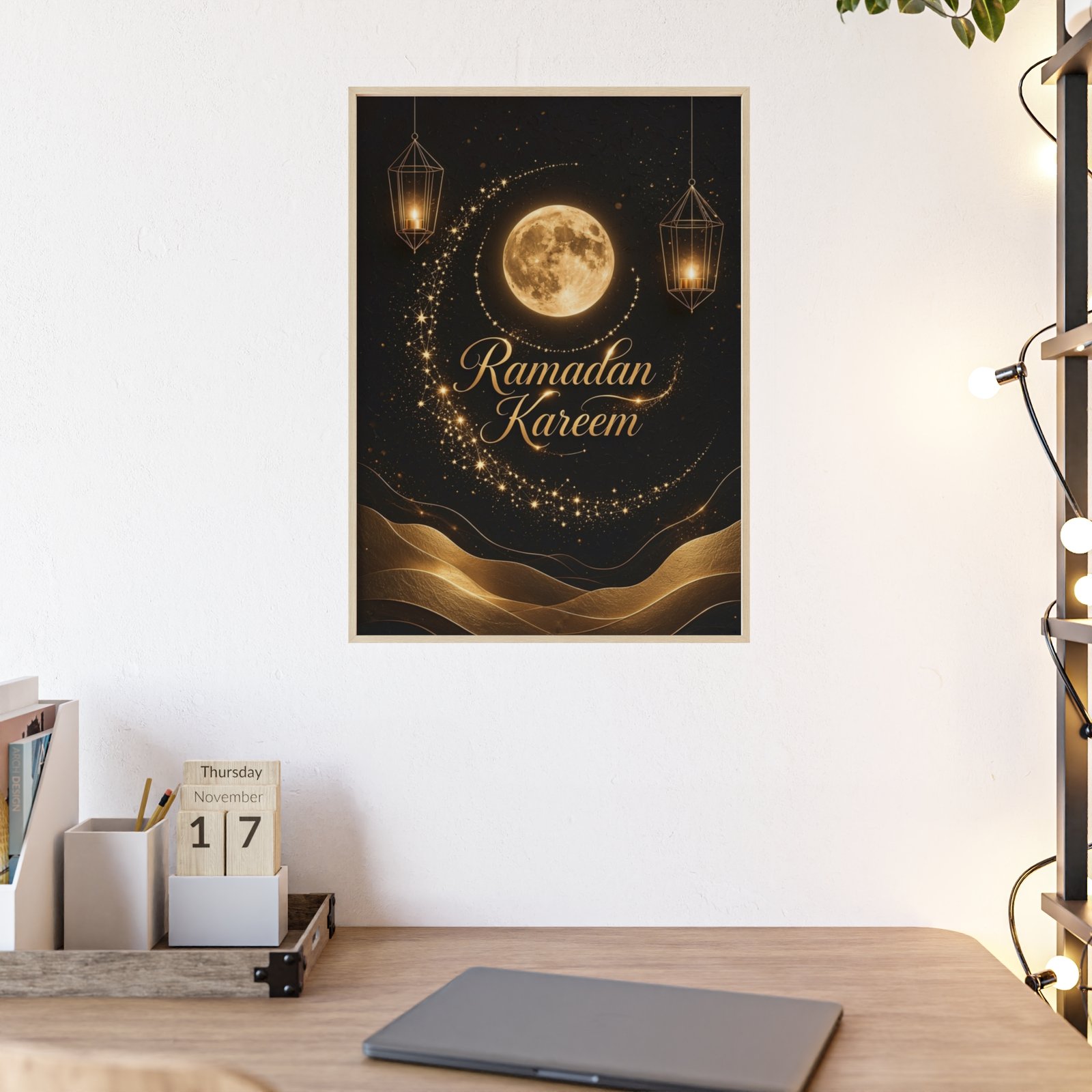 Ramadan Kareem Moon Poster with Wooden Frame — Islamic Wall Art - Image 1