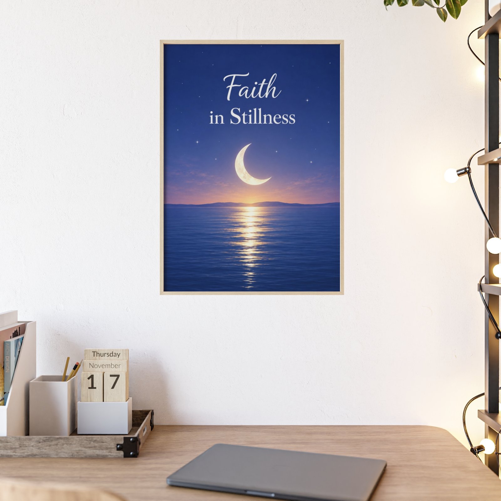Faith in Stillness Moonlit Ocean Poster — Framed Inspirational Wall Art - Image 1