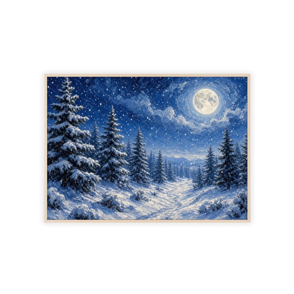 Winter Moonlit Forest Poster with Wooden Frame