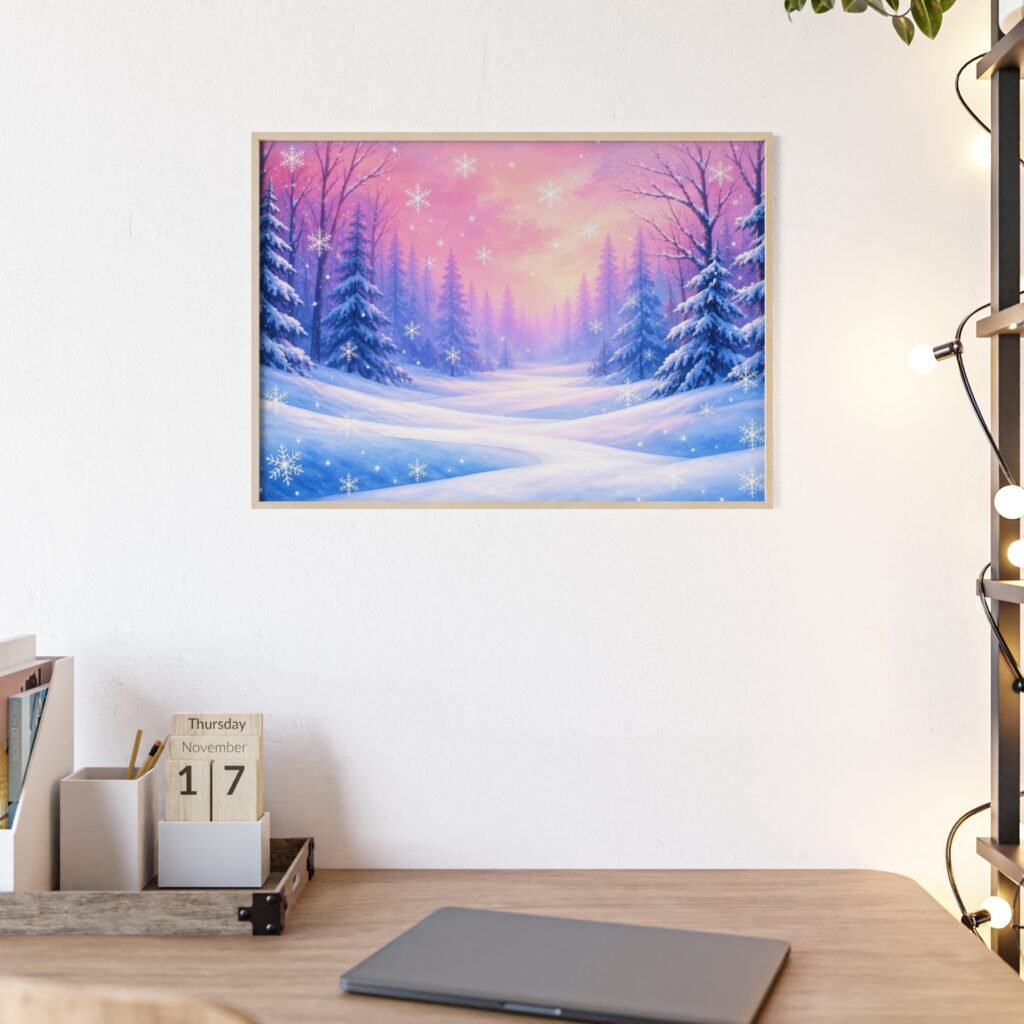 Winter Wonderland Framed Poster — Snowy Forest Sunset Wall Art