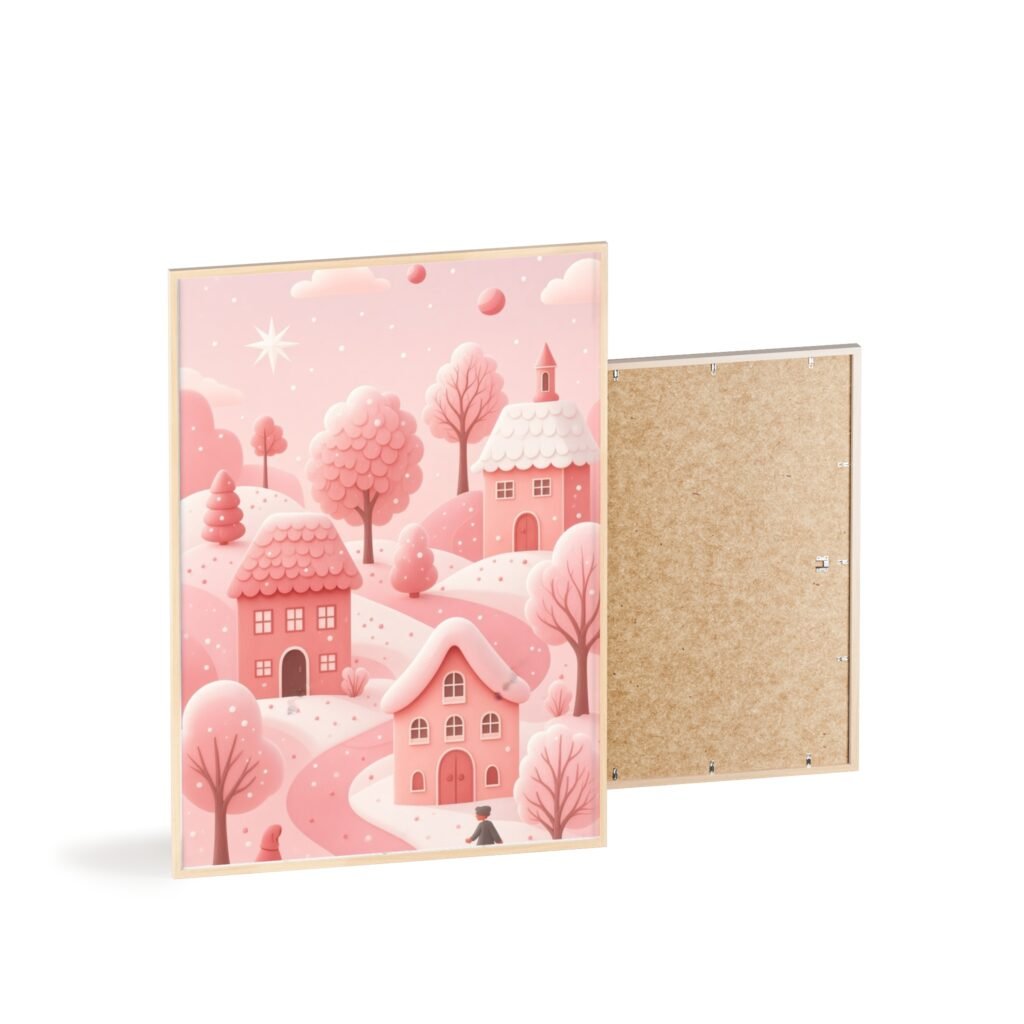 Pink Cottage Winter Village Poster with Wooden Frame — Whimsical Nursery Wall Art