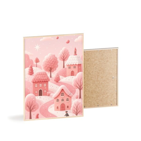 Pink Cottage Winter Village Poster with Wooden Frame — Whimsical Nursery Wall Art - Image 4