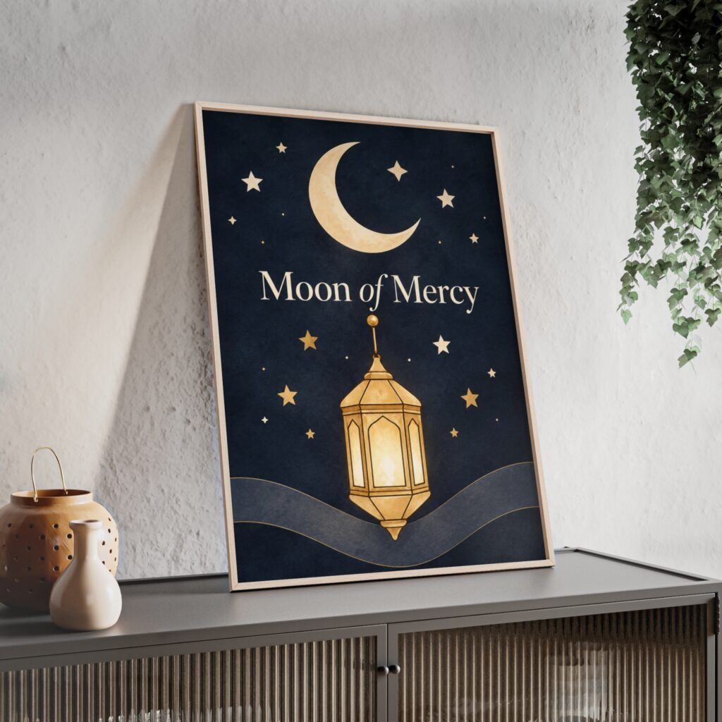 Moon of Mercy Ramadan Poster with Wooden Frame — Islamic Crescent & Lantern Wall Art