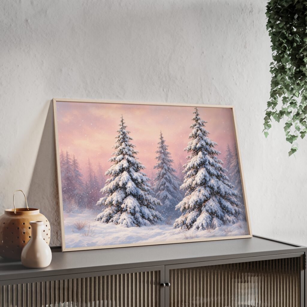 Framed Winter Pine Poster — Snowy Forest Wall Art