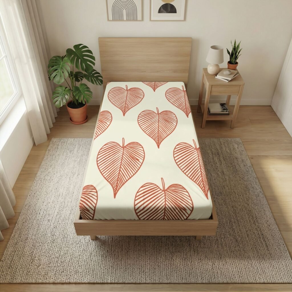 Twin Flat Sheet — Hand-Drawn Terracotta Heart Leaf Pattern | Boho Kids & Teen Bedding