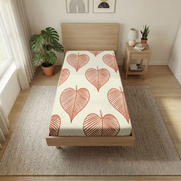 Twin Flat Sheet — Hand-Drawn Terracotta Heart Leaf Pattern | Boho Kids & Teen Bedding - Image 2