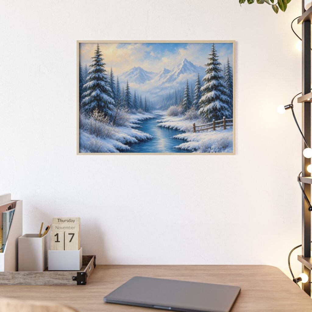 Framed Winter Landscape Poster — Snowy Mountain River Wall Art