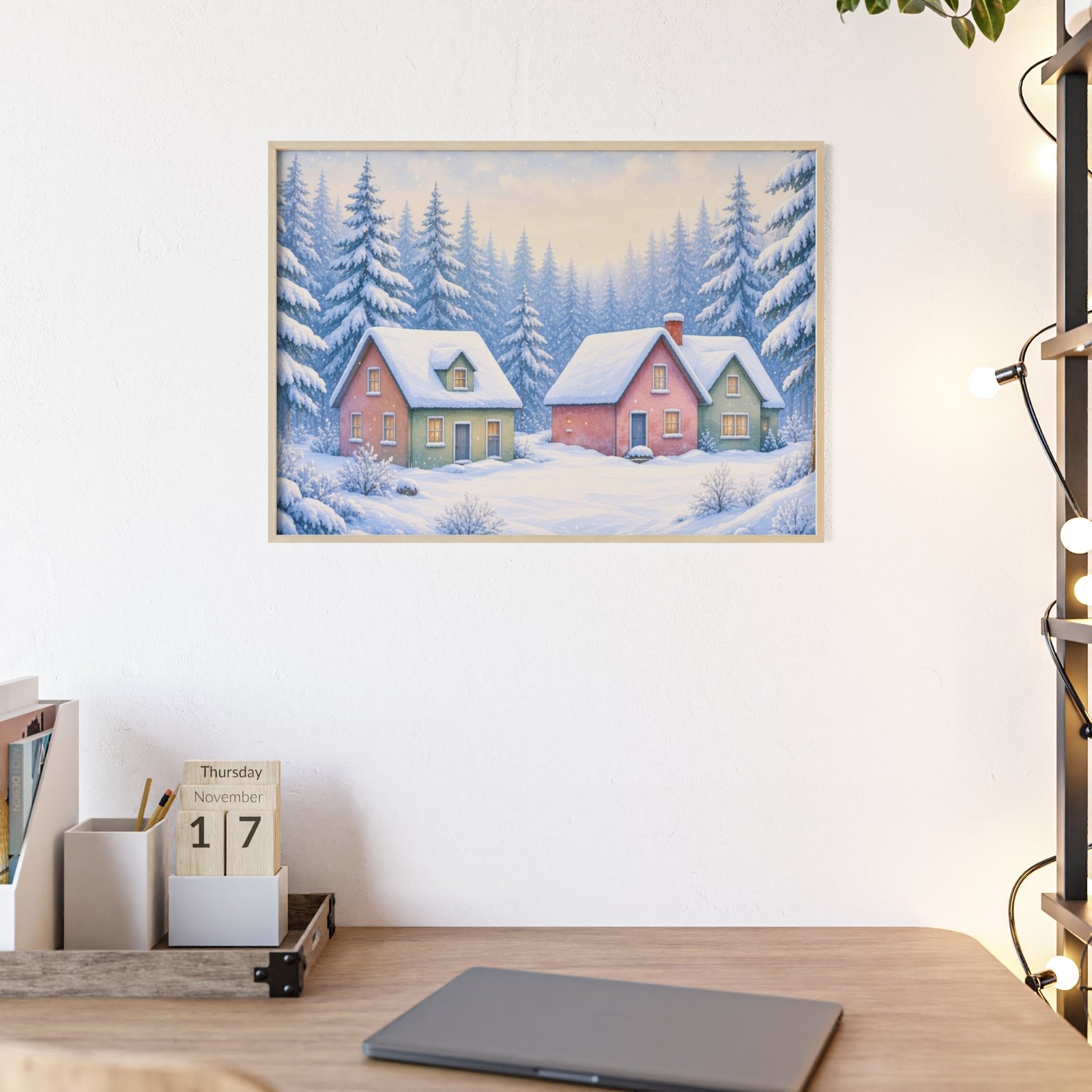 Winter Cottage Snow Scene Framed Poster - Image 1