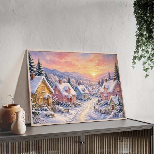 Framed Winter Village Poster — Cozy Snowy Sunset Wall Art - Image 2