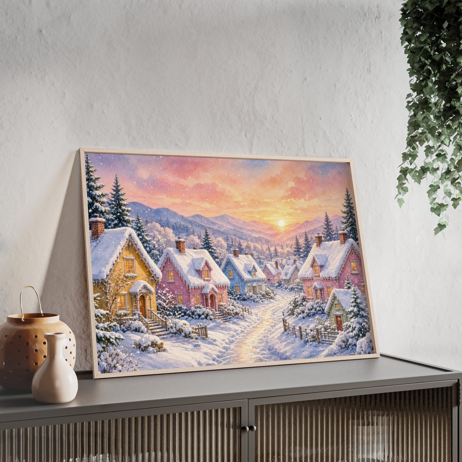 Framed Winter Village Poster — Cozy Snowy Sunset Wall Art - Image 2