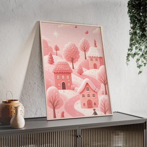 Pink Cottage Winter Village Poster with Wooden Frame — Whimsical Nursery Wall Art - Image 2