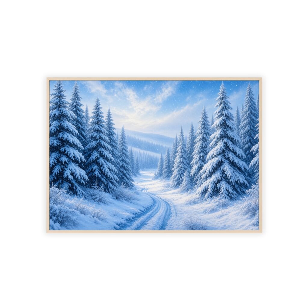 Framed Winter Forest Poster — Snowy Pine Landscape Wall Art