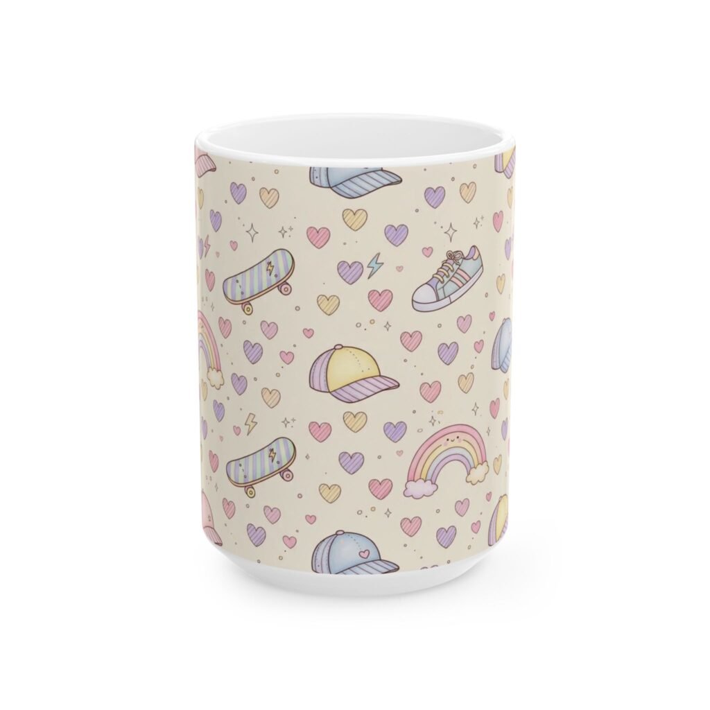 Cute Pastel Pattern Mug — Rainbow, Sneakers & Hearts Ceramic Coffee Cup (11oz/15oz)