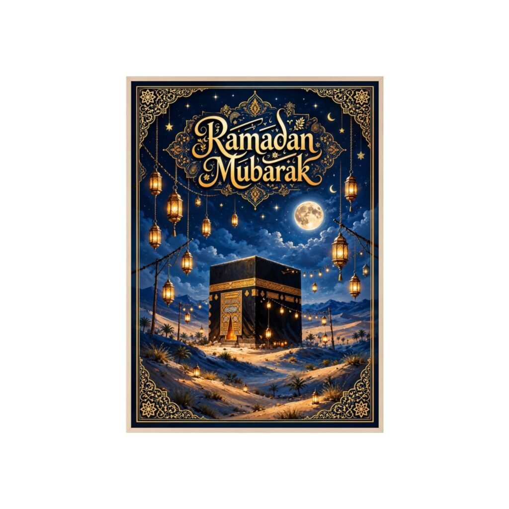 Ramadan Mubarak Kaaba Poster with Wooden Frame — Islamic Wall Art for Ramadan